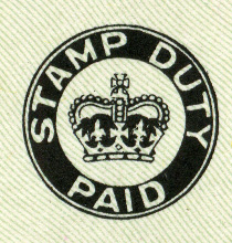 Image of Stamp Duty paid mark that was on British cheques from 1956. Black circle (here on a greenish background) stating Stamp Duty Pait with a black image of the crown in the middle