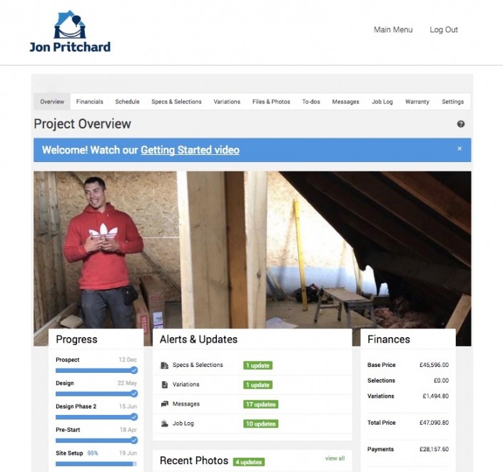 Image of Jon Pritchard's branded Co-Construct construction enterprise resource planning software customer dashboard for a loft conversion project