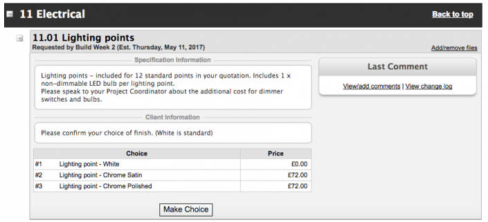 Screen grab image of the selections page for a customer in a cloud-based construction Enterprise Resource Planning software