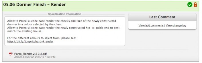 Screen grab of an item from the Specs and Selections page in a construction project within Co-Construct ERP