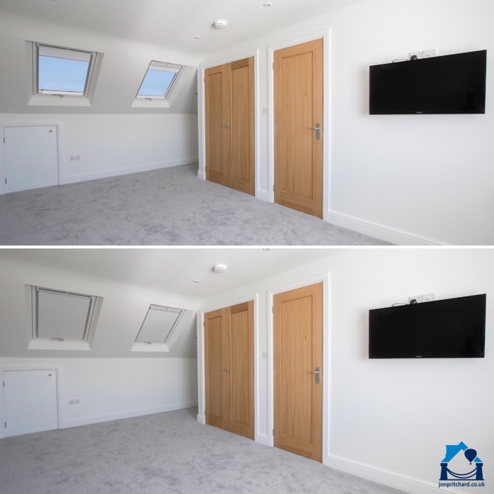 Two identical photos of a loft conversion room one above the other. In the top photo the blinds in the double Velux windows are open, in the bottom on they are closed.