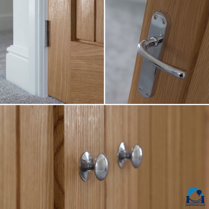 Triptych image, top left featuring a chrome hinge in a modern natural wood door, top right a chrome door handle on same style door, across the bottom an image of simple chrome cupboard door knobs on the same style of door.