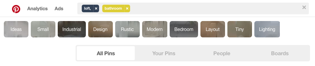 Screen shot of the Search field in Pinterest