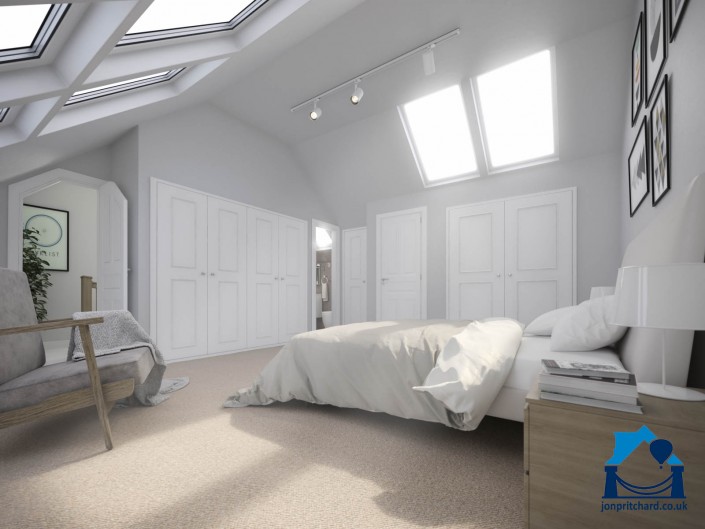 Image of a large, light loft bedroom featuring sloping ceilings with double Velux windows either side.