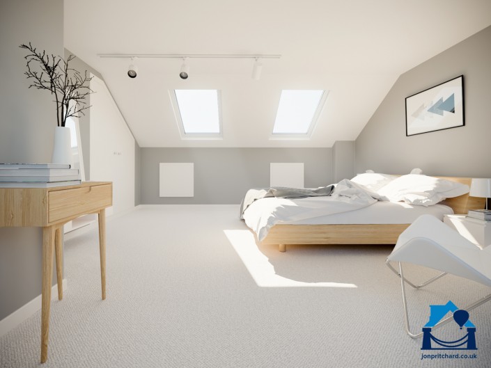 Computer designed illustration of the master bedroom created by extending a terraced home with an l-shaped loft conversion