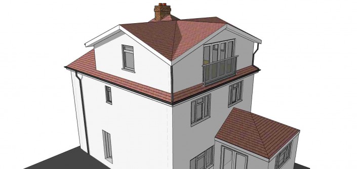 Illustration showing a detached home with loft conversion. Large dormers have been added to the sides and rear, which meet at each corner to create a very large new loft floor to the house.