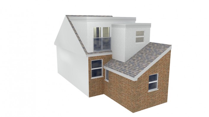 3D image showing a terraced home loft conversion from the rear exterior. The terraced home has a rear extension and the loft has been extended with a flat-roofed dormer across the width of the main roof, and then a further addition above a small part of the rear extension.