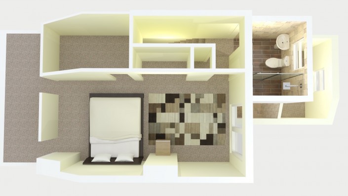 Example floorplan for an L-shaped loft conversion including double bedroom, ensuite and storage.