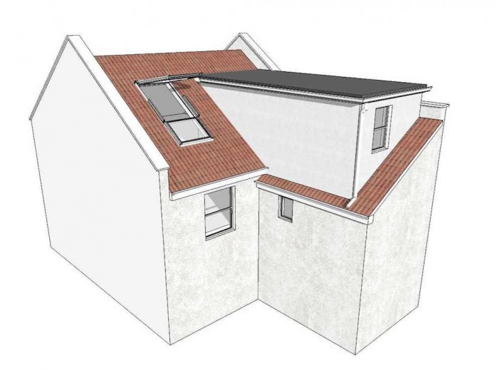 Illustration of the rear of a Victorian terraced home with a rear extension. The illustration shows how the loft can be converted to add a floor to the home, extending over the rear add-on with a flat-roofed dormer, and installing a large Velux window alongside in the remaining rear original roof.