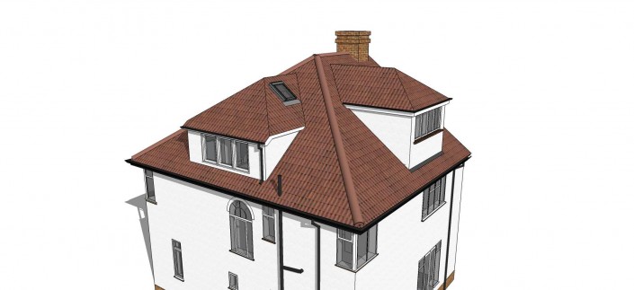 Illustration of a semi detached house with loft extension including side and rear dormer windows. Focus is on the roof structure.