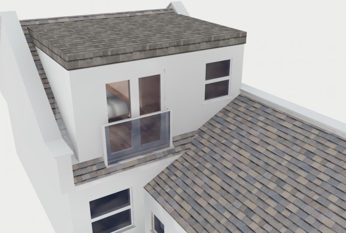 Computer illustration of a terraced flat roofed loft conversion including double doors and a glass juliet balcony
