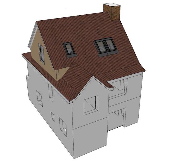 Illustration showing a loft conversion roof with Velux windows only