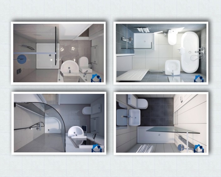 Grid of four 3D images showing arial views of terraced loft conversion ensuite bathrooms