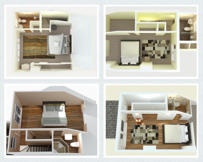 Grid image of four 3D floor plans for terraced loft conversions, each including a bedroom and a shower room, with built-in storage