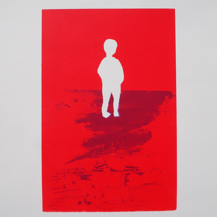 Screen print white silhouette of a child on a red background